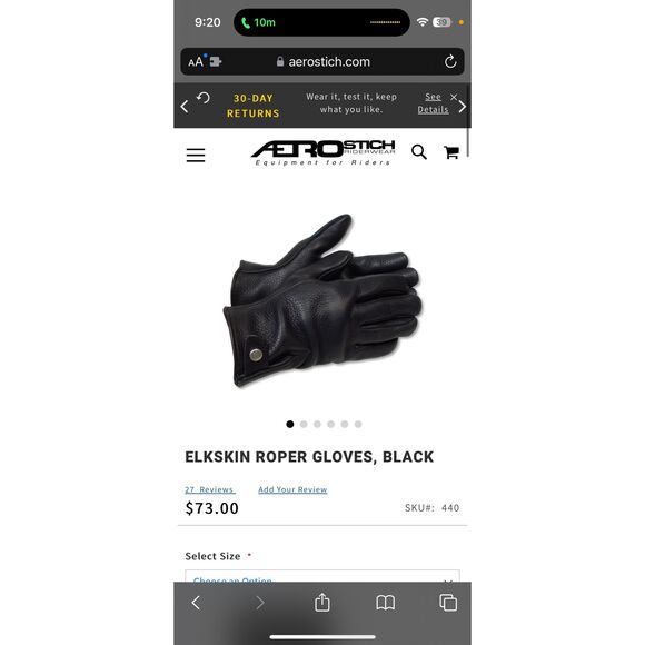 Aerostitch ELKSKIN ROPER GLOVES, BLACK size medium - Picture 1 of 10